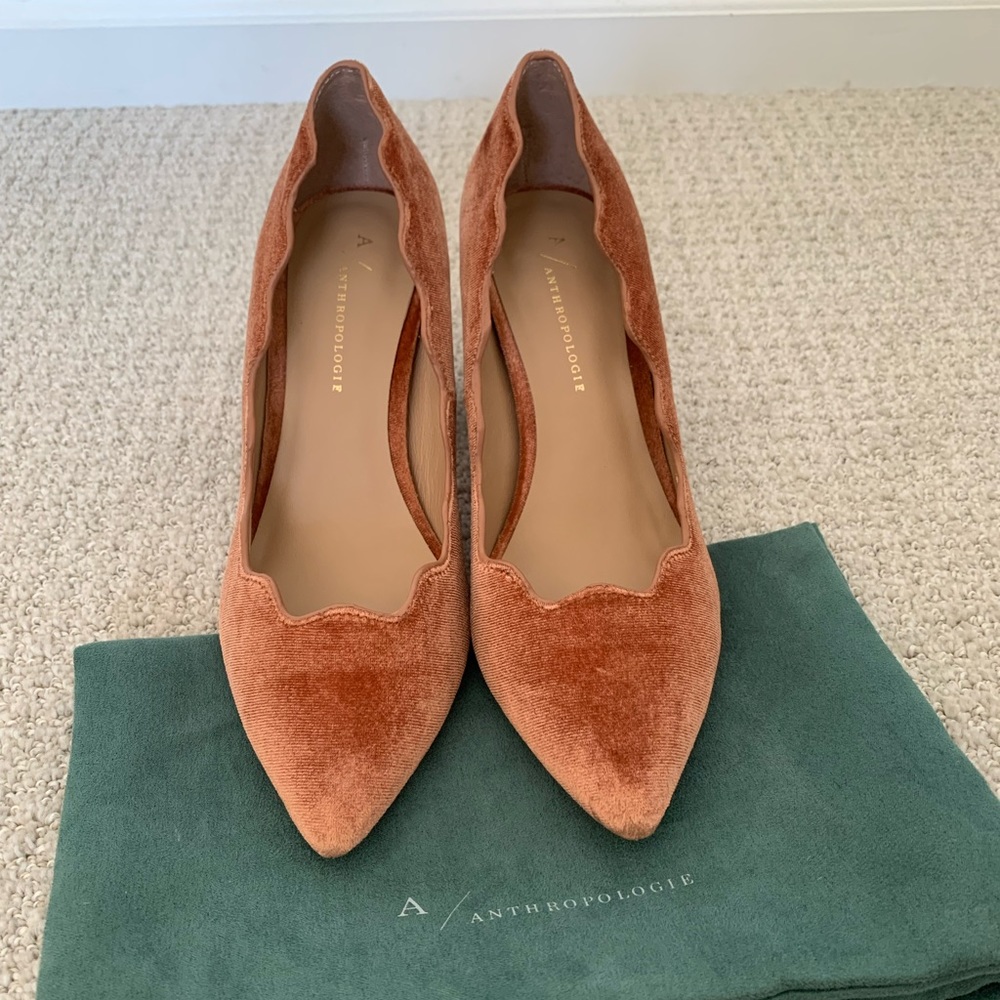 Anthropologie Scalloped Velvet Heels
